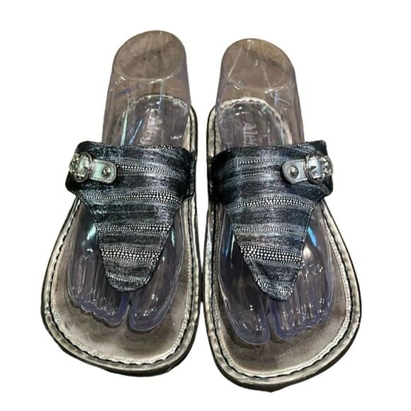 Alegria Vanessa Circulate Black Silver Thong Sandal Shoes Womens Size EU 38 - Picture 1 of 12